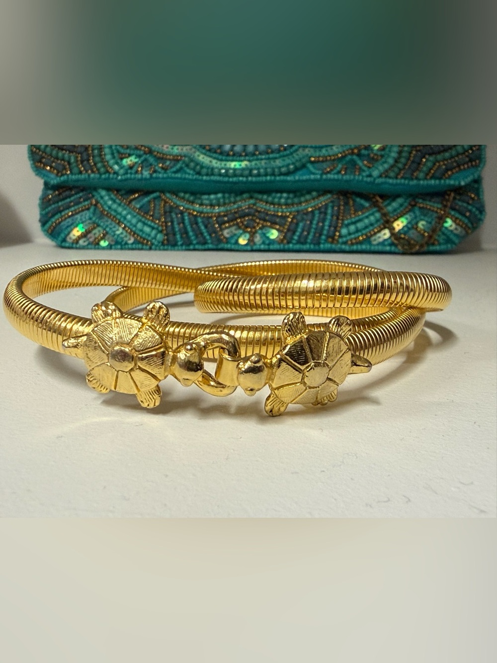Iconic 1975 Mimi di N Kissing Turtle gold-tone stretch metal belt‎ RARE Vintage - Picture 2 of 7